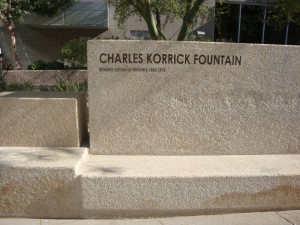 Gobi Tan Granite - Coarse Lychee Hammered Finish and Sand-Blast Engraved and Painted Lettering - Charles Korrick Fountain - HDG Building Materials