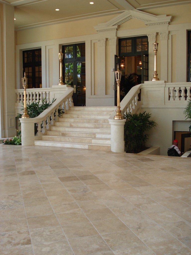 Stair Treads and Floor Tiles in Luna Cream and Luna Brown Travertine Stone
