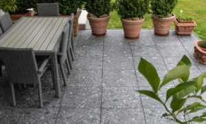 Straight Lines on Patio with HDG PIETRA Sierra Smoke Porcelain Tile - HDG Building Material