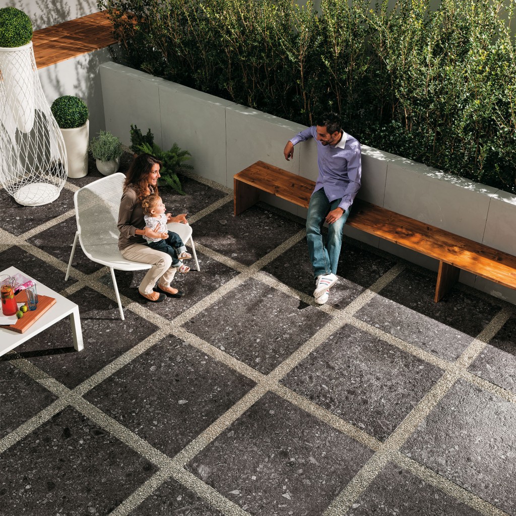 Outdoor Living Area with Sierra Smoke Black Stone Porcelain Pavers