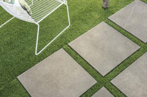 60x60 cm 24x24 inch HDG Pietra Piasenti Grey Porcelain Pavers Laid on Grass