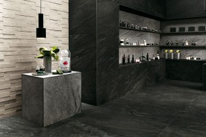 HDG Coke Porcelain Tile Used to Create Wall Unit with Contrasting Porcelain Colors