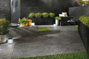 24x48 inch HDG Coke Porcelain Pavers in Outdoor Living Room