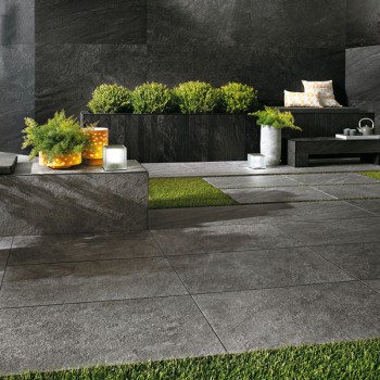 24x48 inch HDG Coke Porcelain Pavers in Outdoor Living Room