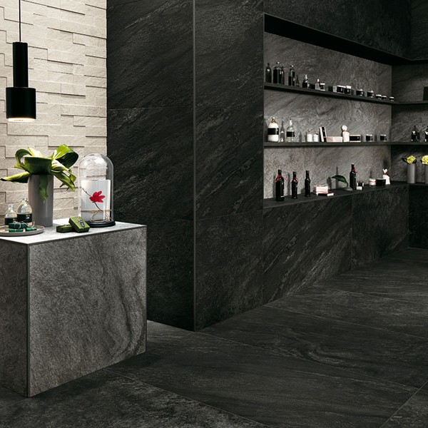 HDG Coke Porcelain Tile Next to Gypsum and Earth Quartzite Colors