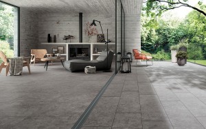 Looking at Transition of Outdoor Living Room and Interior Flooring with HDG NE Gris Grey Limestone Finish Porcelain Pavers