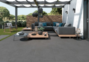Outdoor Living Room with HDG Pietra Pavero Pewter Structural Porcelain Pavers EP08 - HDG Building Materials