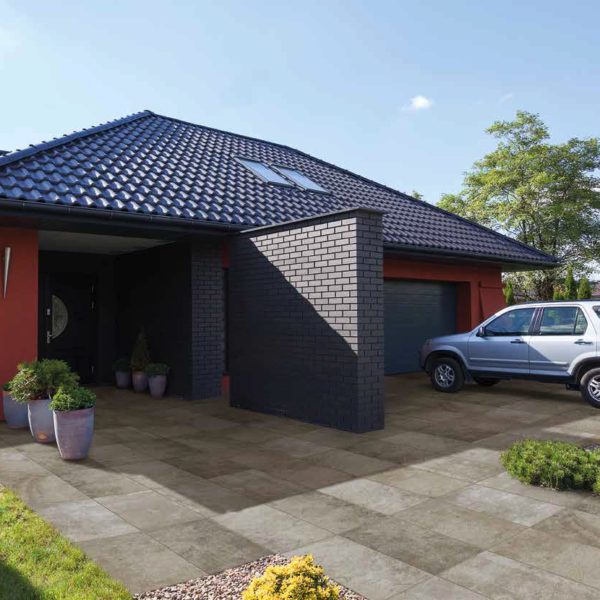 Driveway Application with SH Series HDG Moka Greige 3CM Travertine Finish Porcelain Pavers - HDG Building Materials