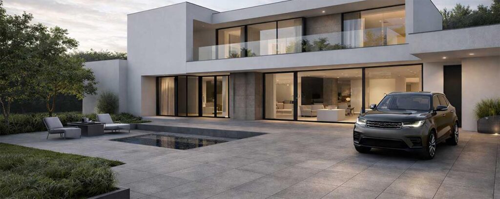 HDG Ombra Taupe Porcelain Paver in Modern Home Driveway