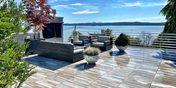 Outdoor Living Private Terrace Application with Acacia Porcelain Pavers and Stunning Views