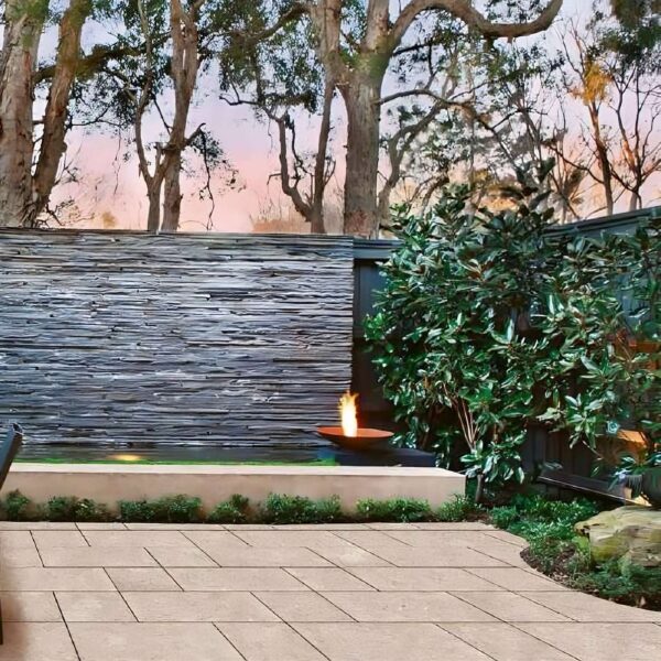 Kaia Tan Porcelain Pavers Outdoor Patio with Natural Stone Wall
