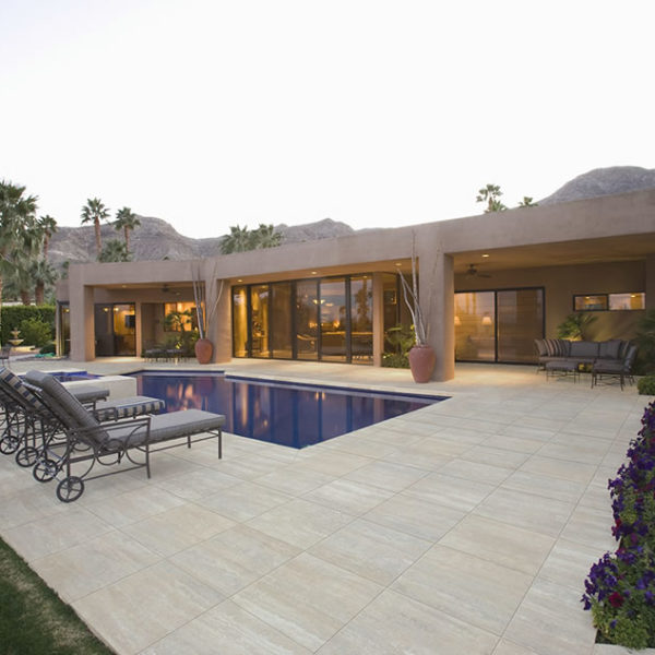 Warm Light Grey Travertine 60x60 cm Porcelain Paver in Pool Surround and Decking Application - HDG Building Materials