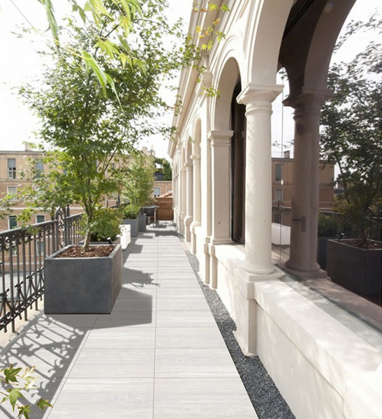 Trevino Pearl Porcelain Pavers with White Travertine - Directional Finish 60x60 cm in Pedestrian Walkway - HDG Building Materials