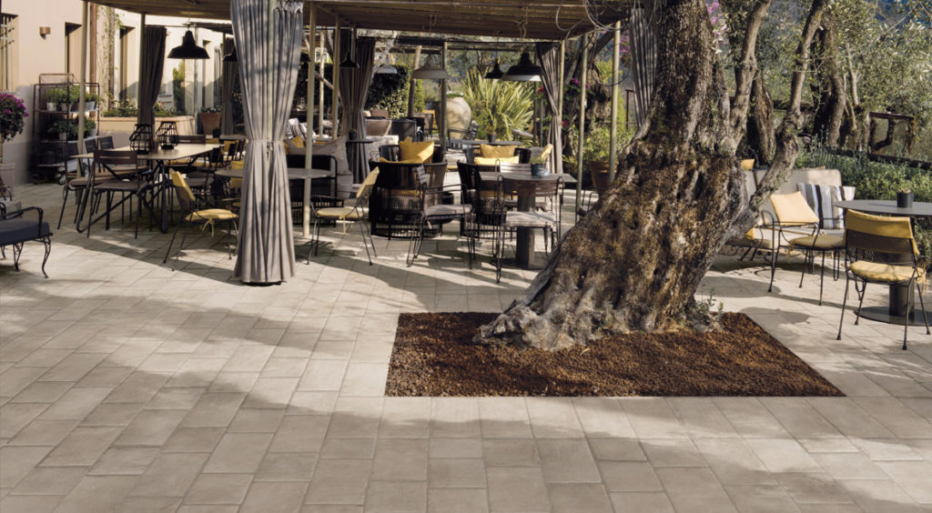 Restaurant Outdoor Seating with Porcelain Pavers Brussa Crema 20x20 cm and 20x30 cm - HDG Building Materials