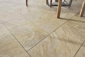 Silas Gold 30x60 and 60x60 cm Porcelain Pavers in Modern Dining Room Application - HDG Building Materials