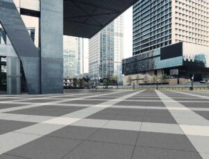 Metro Light Grey Porcelain Pavers combined with Metro Grey and Metro Ivory Pavers in Urban Pedestrian Plaza