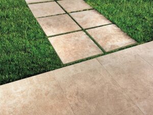 Calcare Beige Porcelain Pavers Installed Over Grass