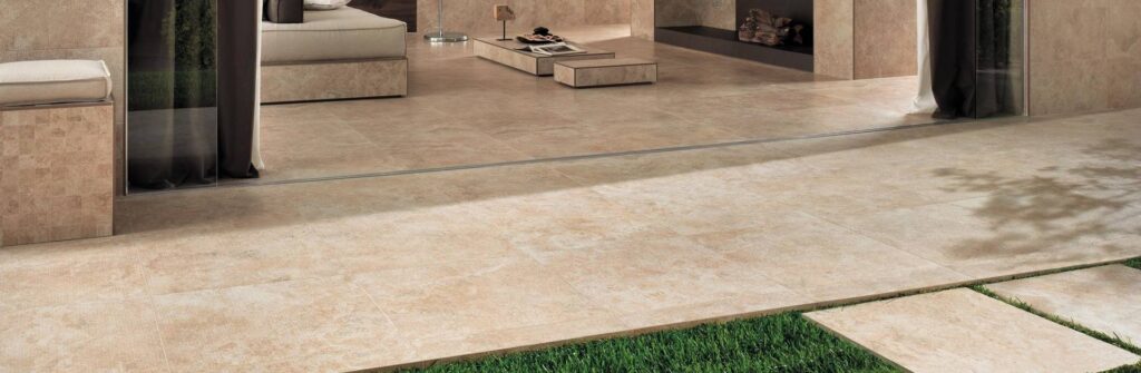 Calcare Beige Porcelain Pavers Transition from Indoors to Outdoor Patio Terrace