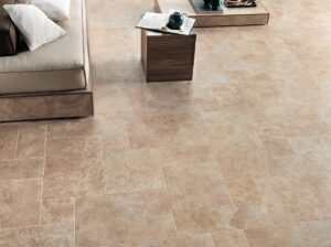 Indoor Living Area with Porcelain Tile Complementary to Calcare Beige Outdoor Porcelain Pavers