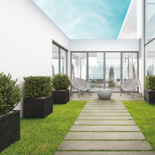 Patio and Pathway using Cemento Greigio Porcelain Plank Pavers