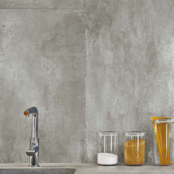 Backsplash Made with 24x48 inch 60x120 cm Cemento Ash Large Format Porcelain Pavers