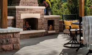 12x48 in Espiro Fado Grey Wood Porcelain Paver with Outdoor Fireplace