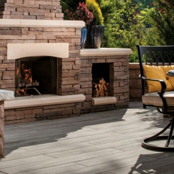 12x48 in Espiro Fado Grey Wood Porcelain Paver with Outdoor Fireplace