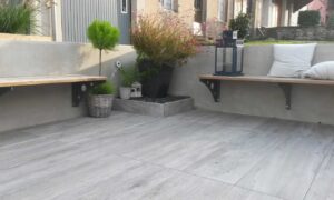 Espiro Fado Grey Wood Porcelain Paver Planks in Outdoor Living Room