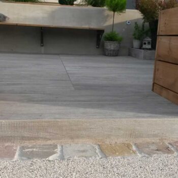 Espiro Fado Porcelain Pavers Combined with Natural Wood Stone Metal and Concrete