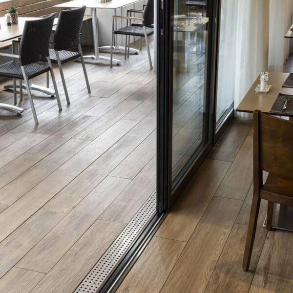 Hospitality Design using Slip Resistant Espiro Indie Brown Wood Look Porcelain Pavers