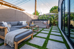 Outdoor Cozy Area in Private Home with Sandina Grey Porcelain Pavers