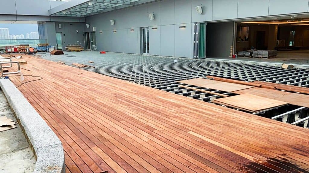 Pedestal Paver System with Board Decking Over Aluminum Joists and Buzon Pedestals