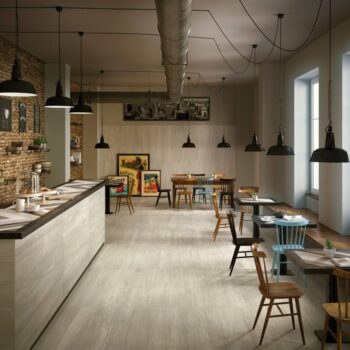 Coffee Shop Cafe Design with Light Grey Porcelain Tile Floor