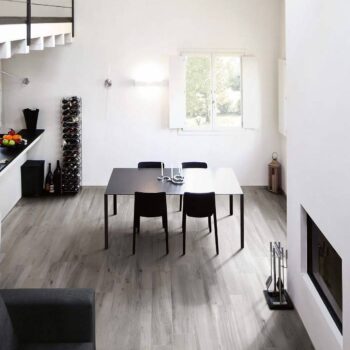Interior Dining Room Flooring Application with Silver Ash Porcelain Paver Planks