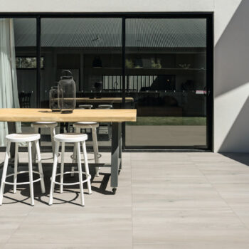 White Ash Wood Look Porcelain Paver Planks in Outdoor Dining Room