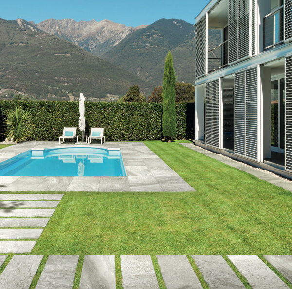 Cascade Cream Porcelain Pavers on Pool Surround and Path over Grass