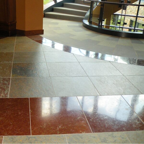 HDG Perlino Red Limestone and Rusty Black Slate in Resort and Spa Flooring Application i
