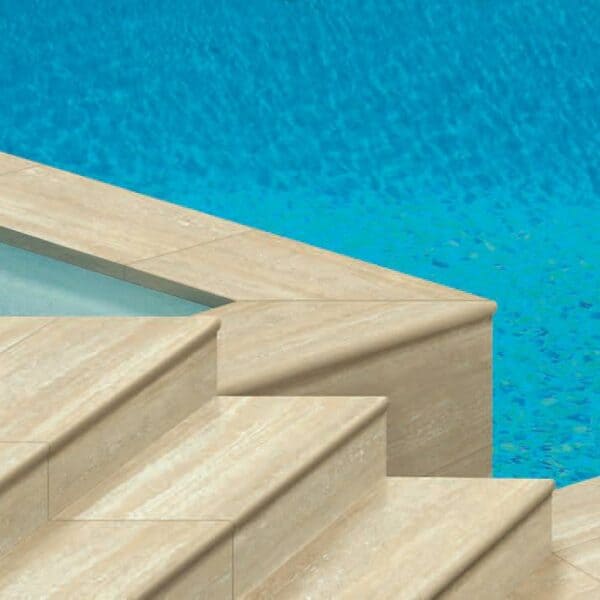 Trevino Grey Travertine Porcelain Paver Pool Stairs and Bullnose Coping