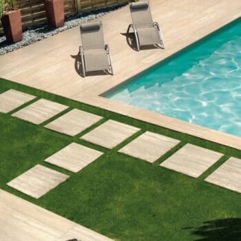 Trevino Tan Travertine Porcelain Pavers Installed Over Grass