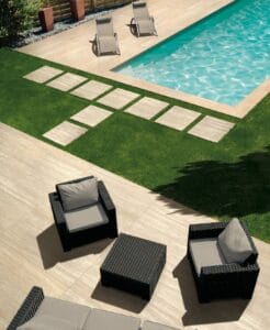 Trevino Grey Travertine Porcelain Pavers in Pool Surround and Walkway Application
