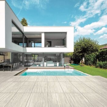 Trevino Pearl Travertine Porcelain Paver Pool Surround Application