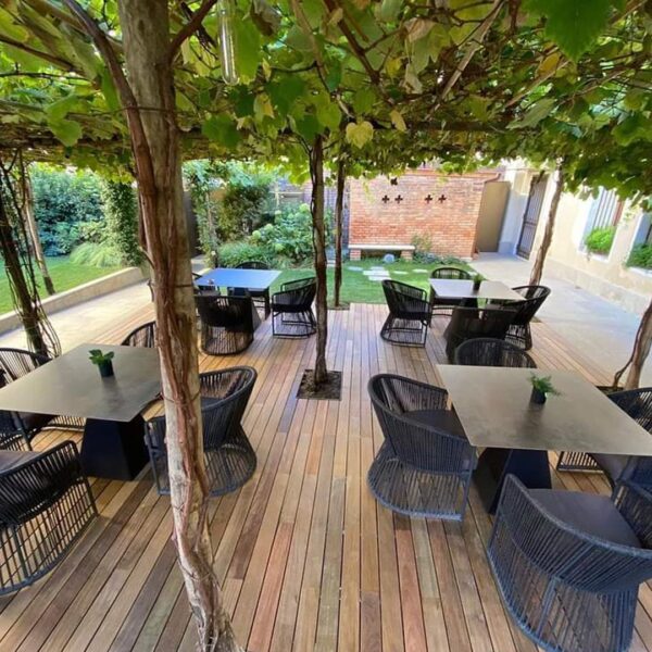 Trees Whimsically Blends into Wood Deck For Patrons to Enjoy While Dining
