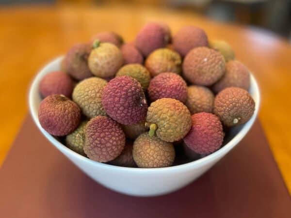 Bowl of Lychee Fruit Has Skin Like the Lychee Stone Finish