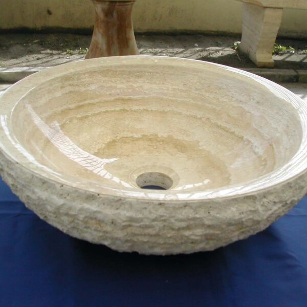 Travertine Stone Sink or Water Feature Bowl Drilled and Honed Interior Finish with Lychee Exterior Finish