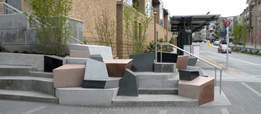 Variety of Natural Stone Block in Public Art - Athens Red Granite, Black Pearl Basalt, Bigio Grey Granite, Cristallo White Granite.