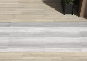 Aged Driftwood Porcelain Pavers Plank Strip in Aged Oak Decking