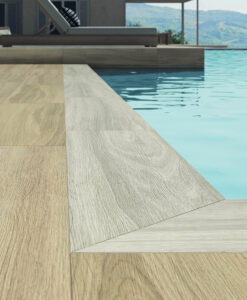 Aged Oak and Aged Driftwood Look Porcelain Pavers on Pool Surround