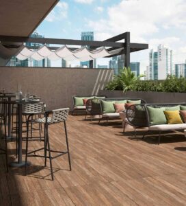 Espresso Grooved Wood Slat Porcelain Paver in Rooftop Deck