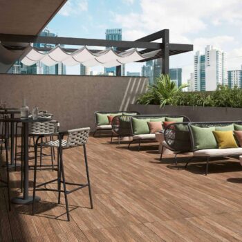 Espresso Grooved Wood Slat Porcelain Paver in Rooftop Deck