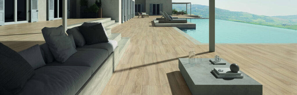 HDG Aged Oak Wood Look Porcelain Paver in Outdoor Pool Surround and Terrace